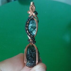 Copper and Black Wire Wrapped Seraphinite And Moldavite Pendant